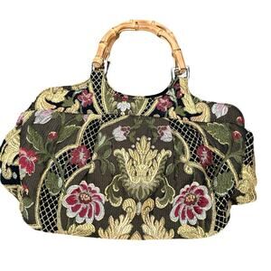 Vintage Talbots Women's Multicolor Floral Print Bamboo Handles Tapestry Purse